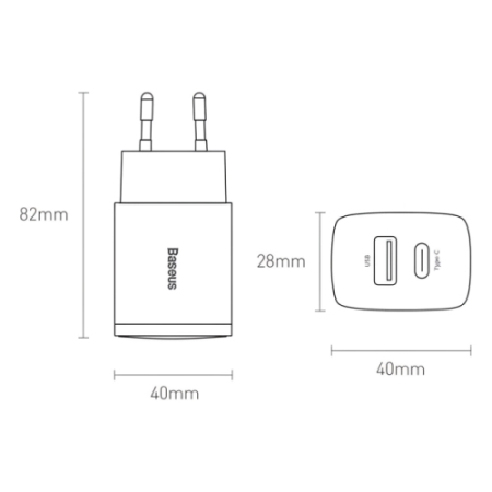 Basues Compact CCXJ-B01 Black - szybka ładowarka sieciowa, czarna (20W, 1x USB-C, 1x USB-A) - wymiary